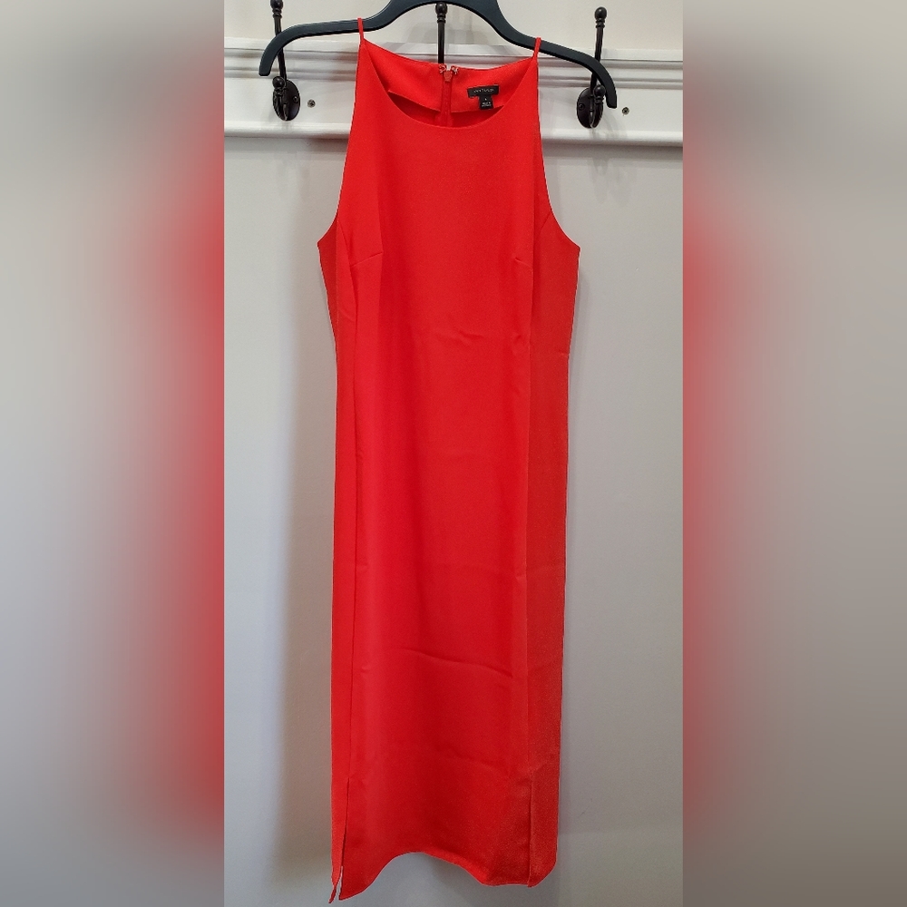 ANNE TAYLOR RED SLEEVELESS HIGH NECK SHEATH MIDI DRESS